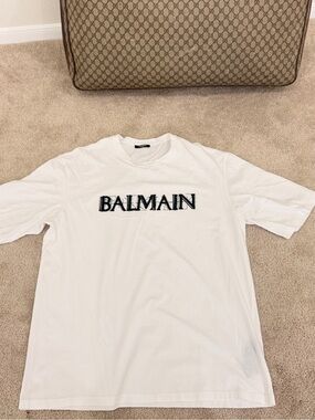 Balmain White Crewneck T-Shirt with Black Logo